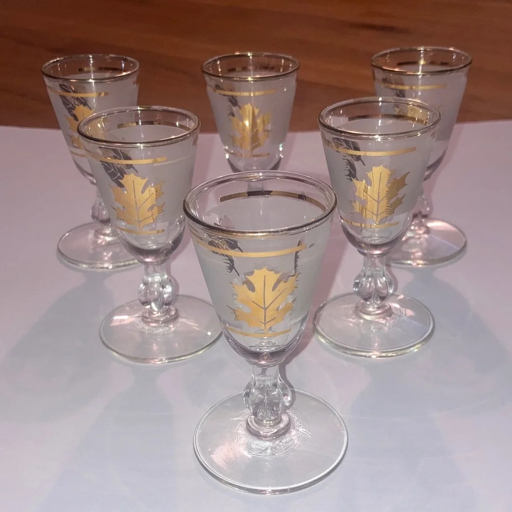 Vintage Libbey’s Frosted Gold Plated Leaf Stemmed Shot Glasses Bundle of 6